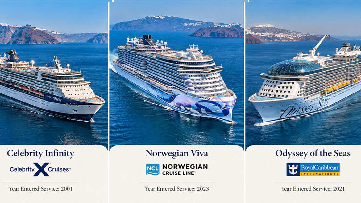 Celebrity Infinity, Norwegian Viva and Odyssey of the Seas cruise ships, operated by Celebrity Cruises, Norwegian Cruise Line and Royal Caribbean.