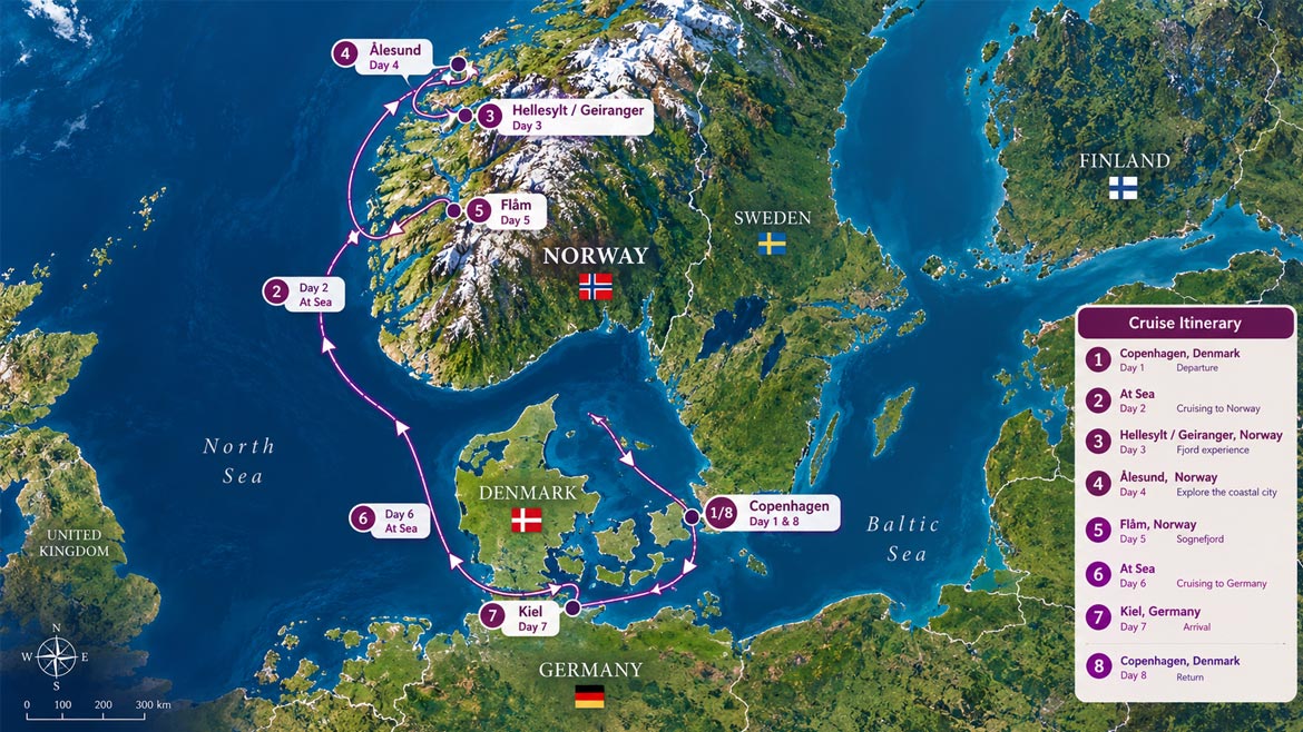 Norwegian fjords cruise route map featuring Copenhagen, Geiranger, Ålesund, Flåm and Kiel.