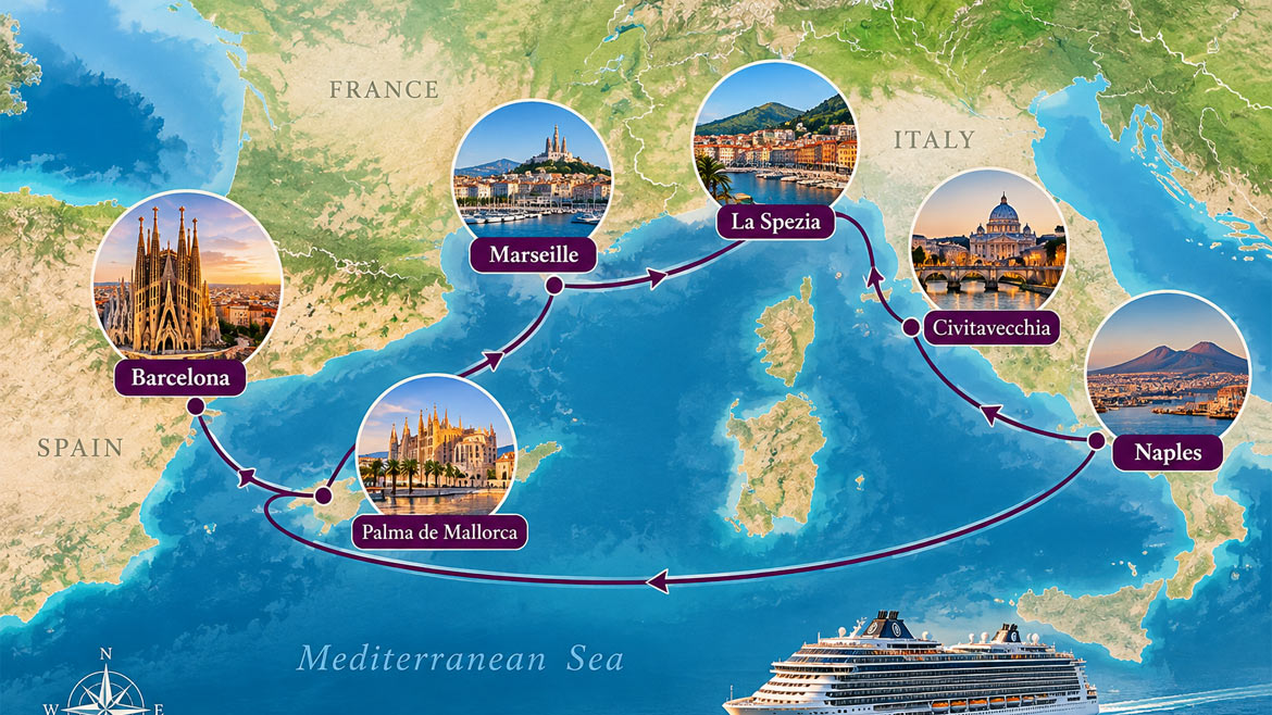 Mediterranean cruise route map from Barcelona via Palma de Mallorca, Marseille, La Spezia, Civitavecchia and Naples, returning to Barcelona.