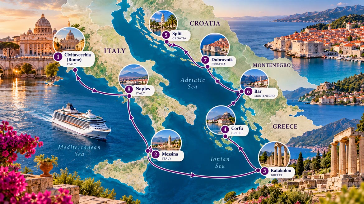 Illustrated Adriatic and Mediterranean cruise route map featuring Rome, Messina, Katakolon, Corfu, Split, Bar, Dubrovnik and Naples.