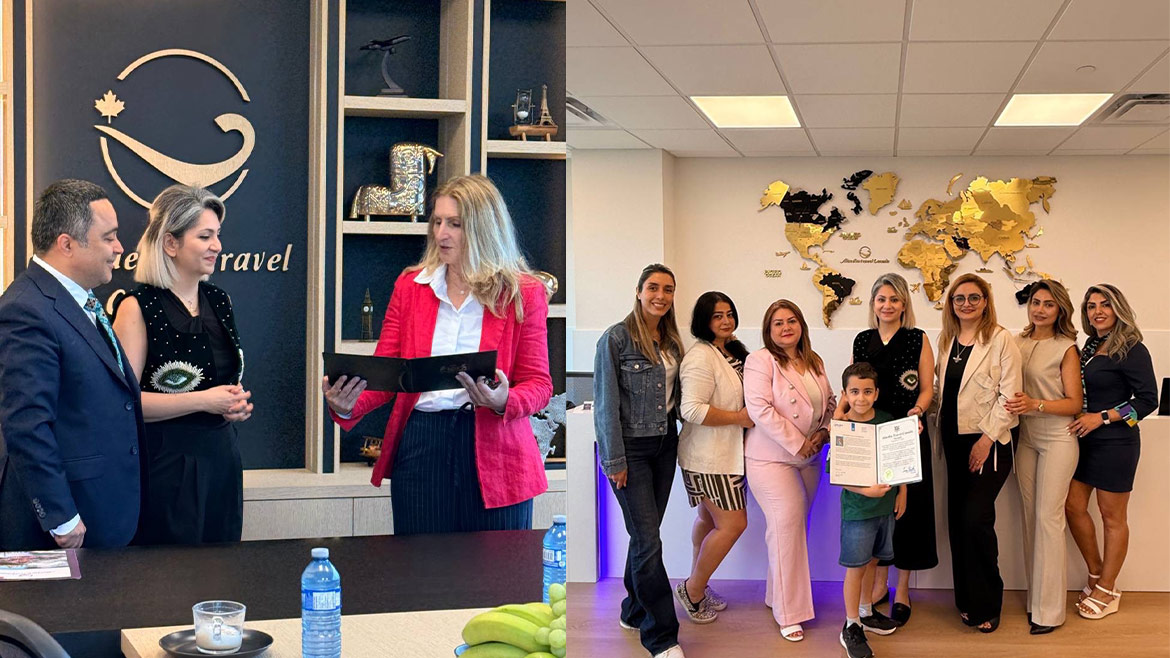 Alaedin Travel Canada team and guests presenting a commemorative certificate during an anniversary celebration in Thornhill, Ontario.