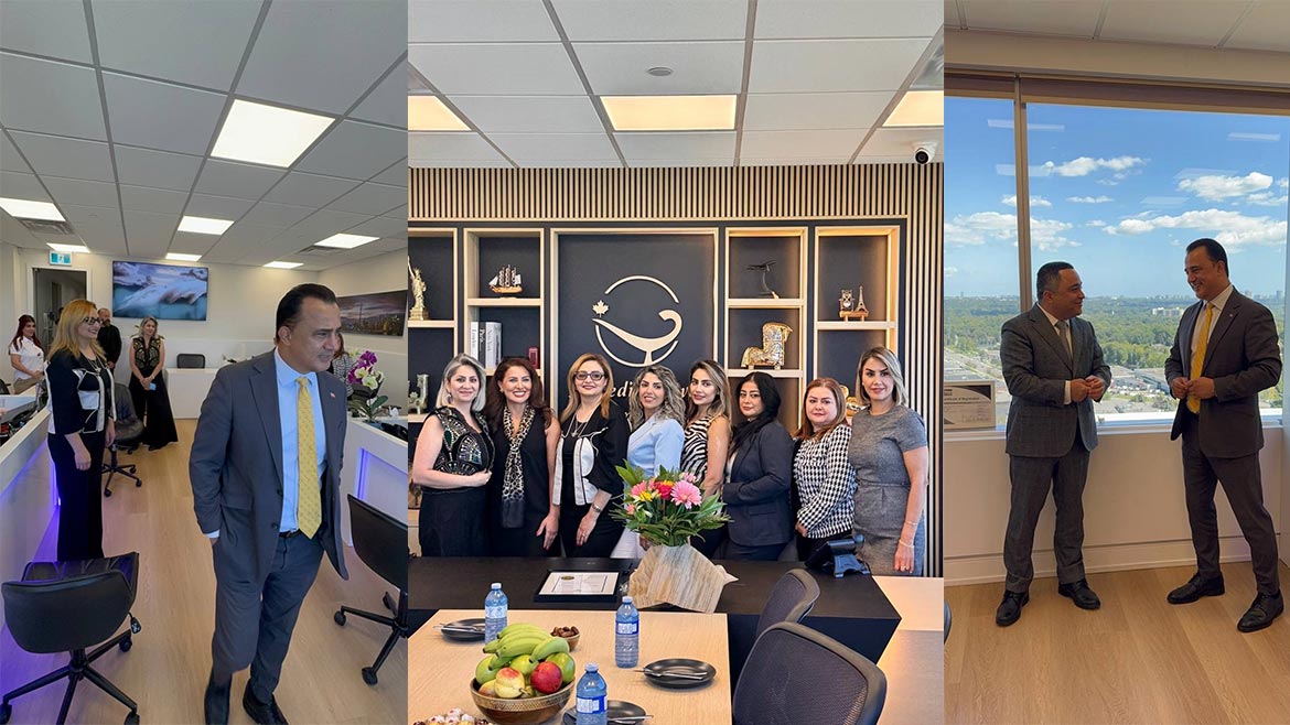 Alaedin Travel Canada team at the Thornhill office during the company's 2026 anniversary celebration.
