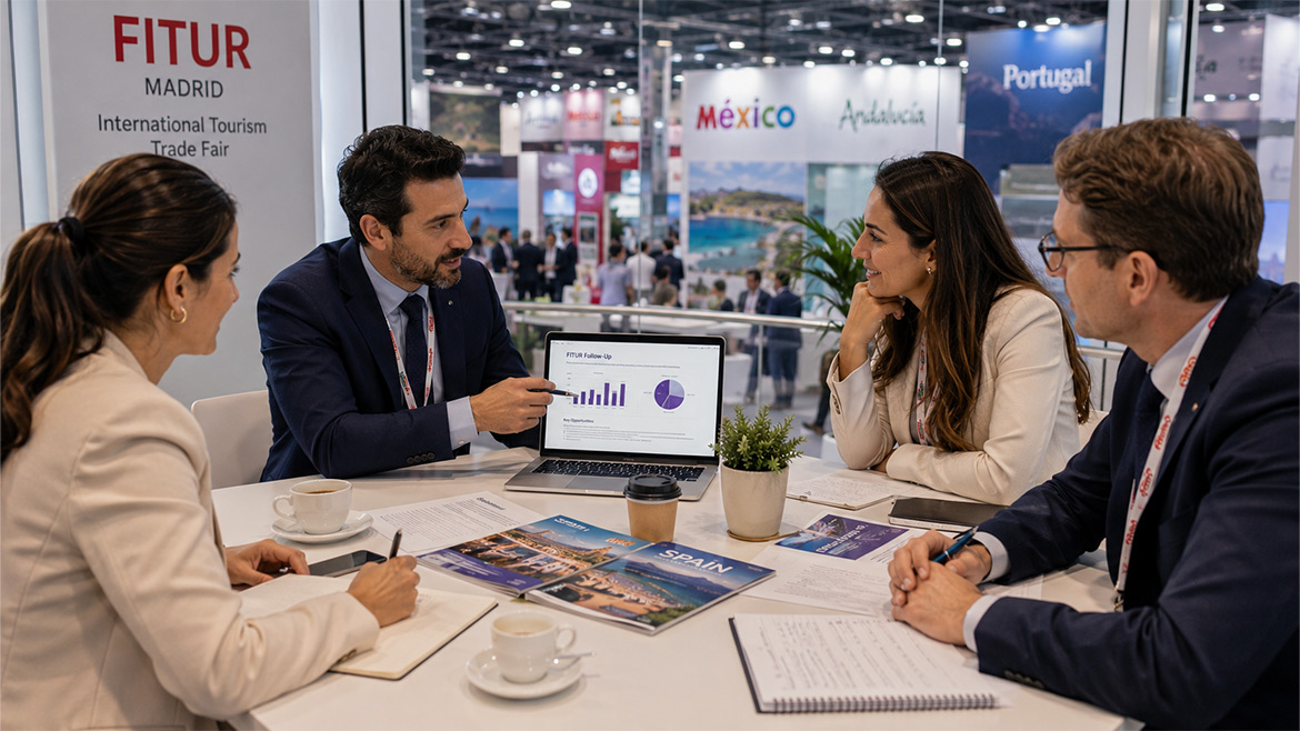 Travel business team reviewing supplier meetings after FITUR Madrid