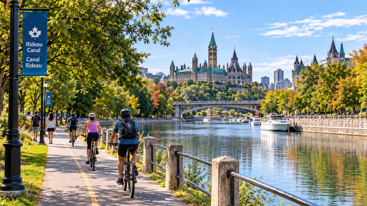 Cycling along the Rideau Canal in Ottawa