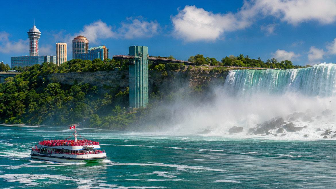 Panoramic view of the three waterfalls at Niagara Falls Canada from the Canadian side
