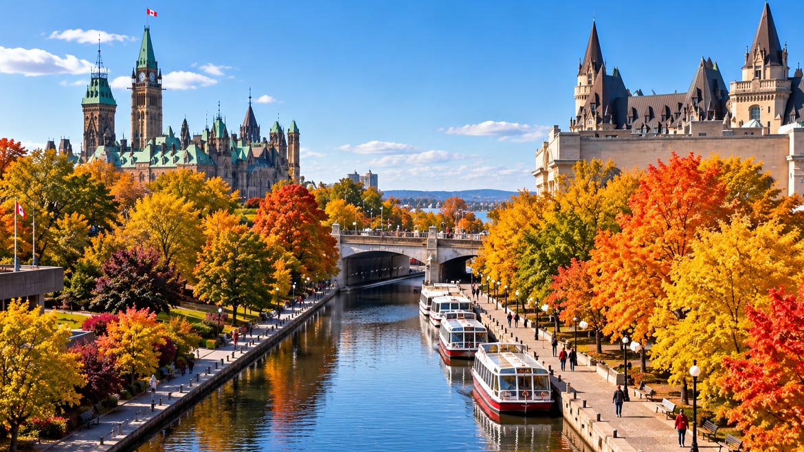 Rideau Canal and Parliament Hill in Ottawa in autumn