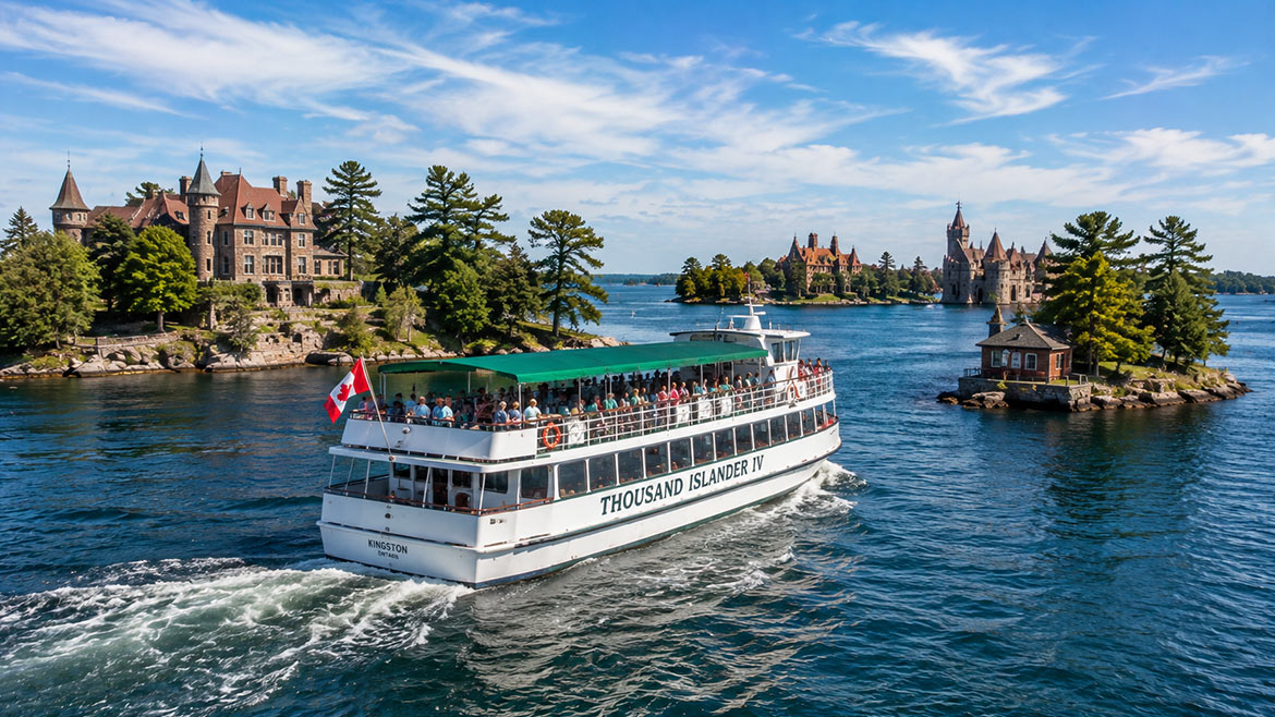 Sightseeing cruise through the Thousand Islands on the St. Lawrence River in Ontario