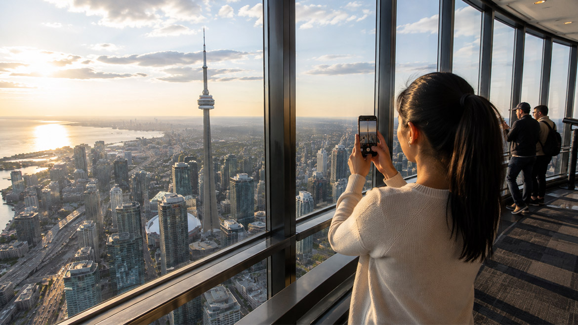 Visitor photographing Toronto from the CN Tower observation level