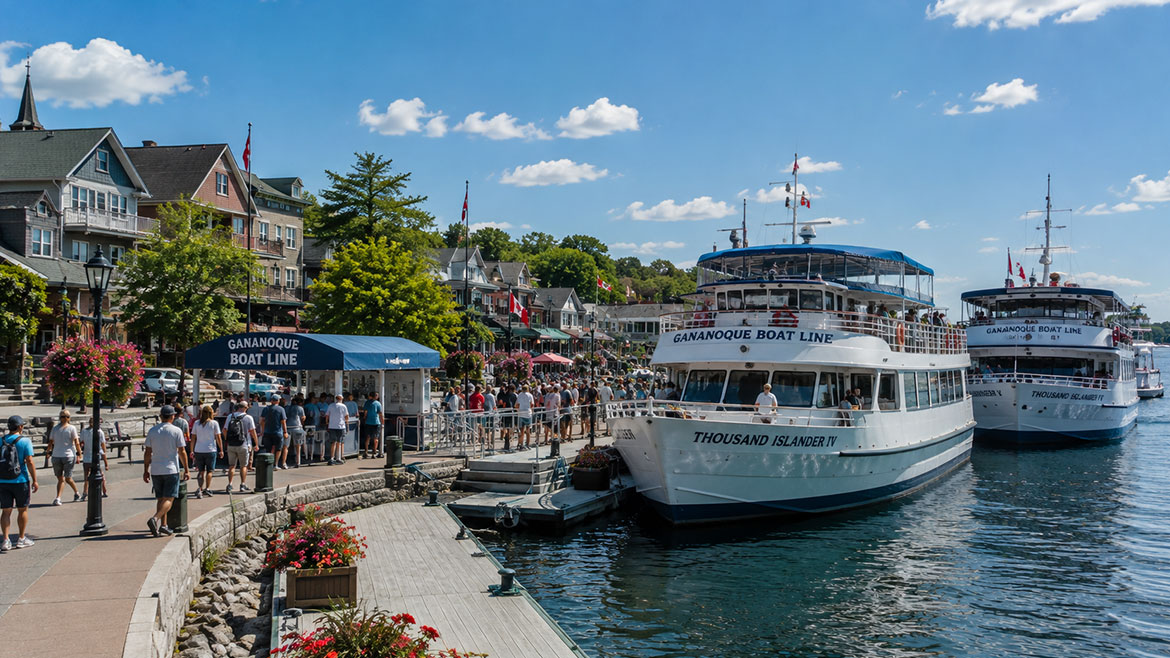 Tour boats at Gananoque Marina, the main departure point for Thousand Islands cruises in Ontario