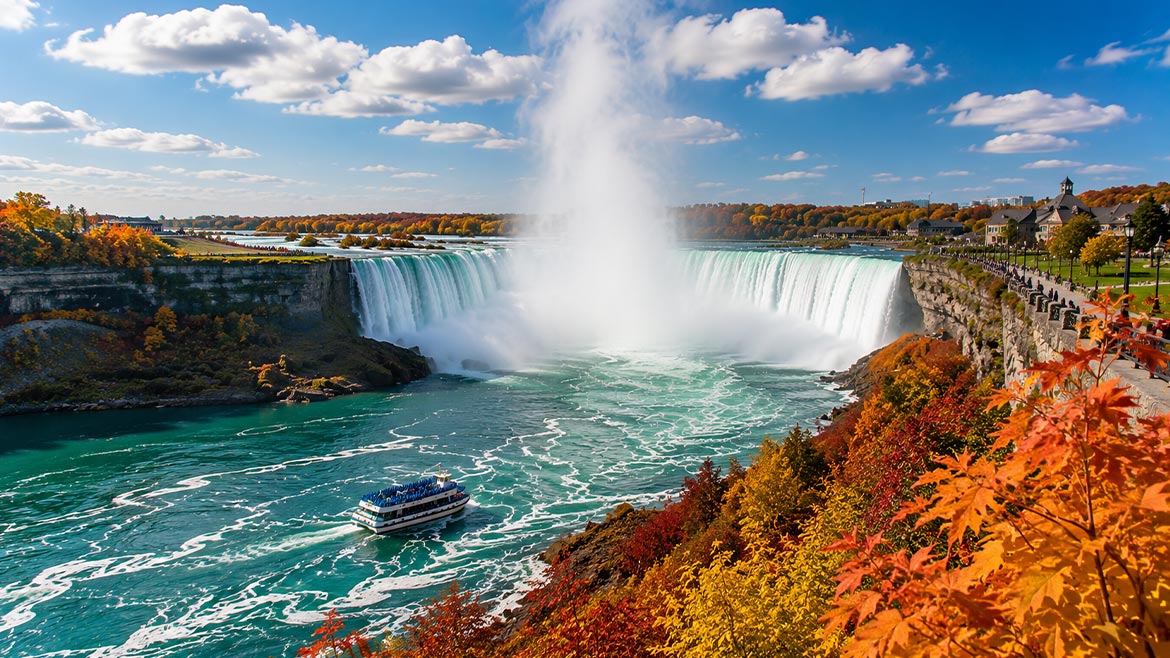 Niagara Falls Canada surrounded by colorful autumn foliage during the fall season