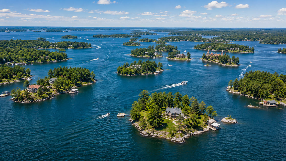 Aerial view of the Thousand Islands archipelago on the St. Lawrence River in Ontario