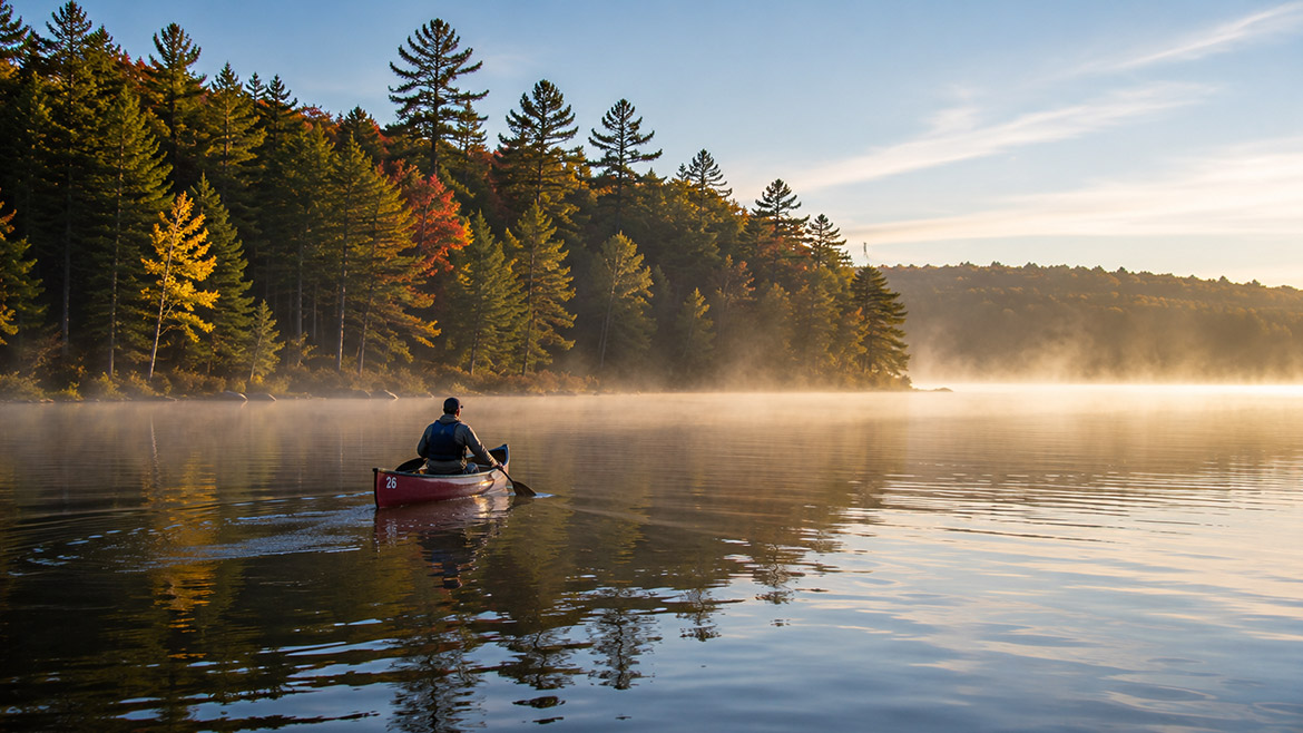 Canoeing on calm Canoe Lake during a peaceful autumn morning