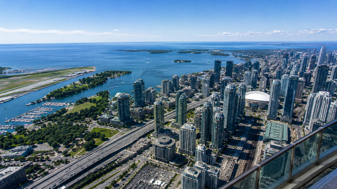Toronto skyline and Lake Ontario view from the CN Tower