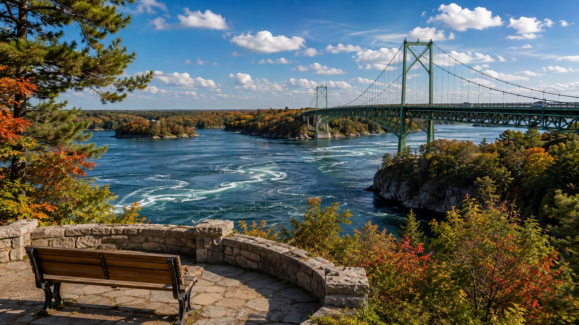 Scenic overlook of the Thousand Islands and St. Lawrence River in Ontario