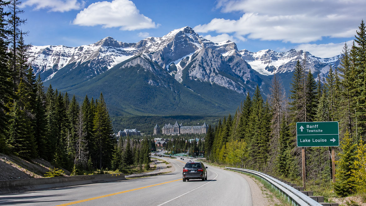 Scenic road to Banff National Park in Alberta