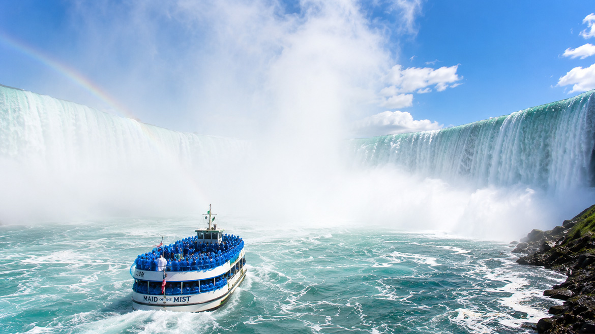 Niagara City Cruises boat approaching Horseshoe Falls in Niagara Falls Canada
