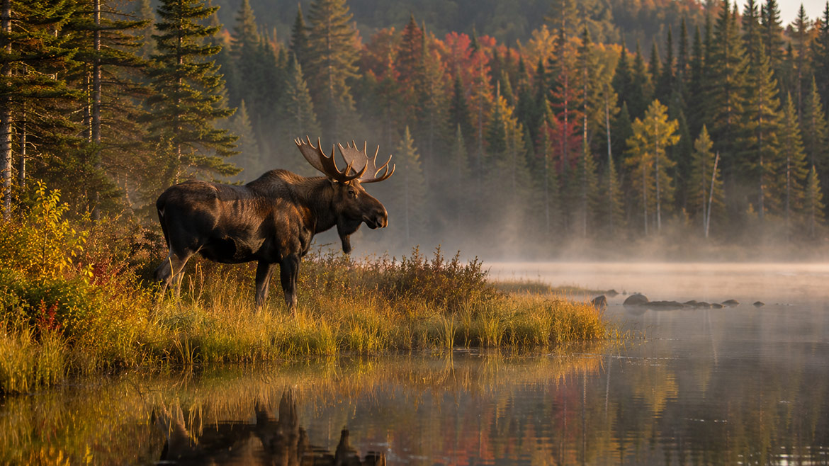 Bull moose beside a quiet wetland in Algonquin Provincial Park