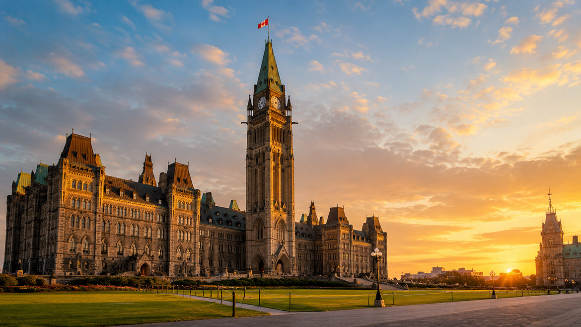 Parliament Hill in Ottawa at sunset