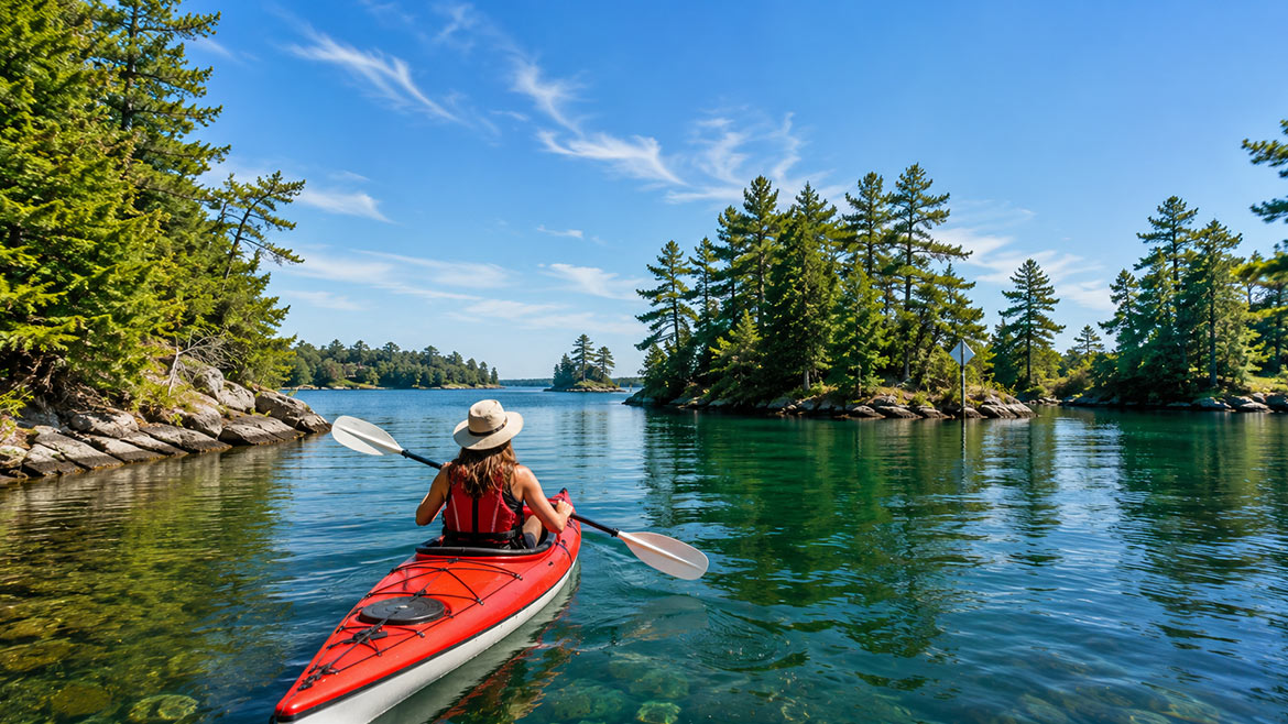 Kayaking through Thousand Islands National Park on the St. Lawrence River in Ontario