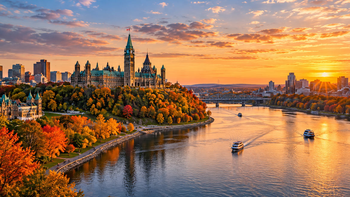 Rideau Canal and Ottawa skyline in autumn