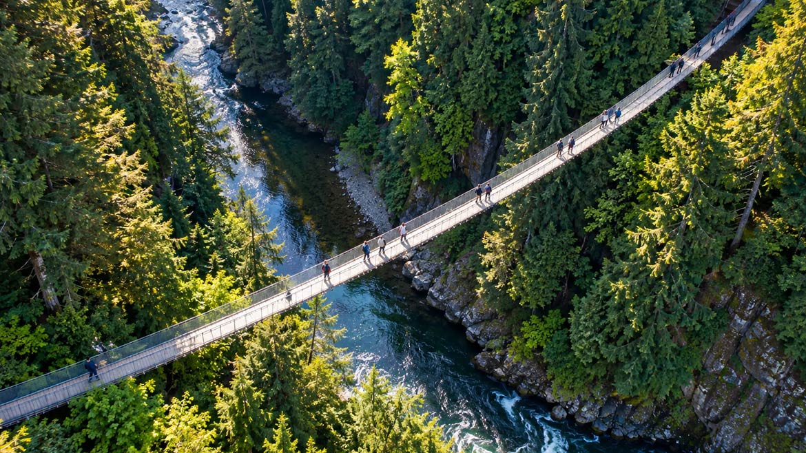 Aerial view of Capilano Suspension Bridge over the Capilano River