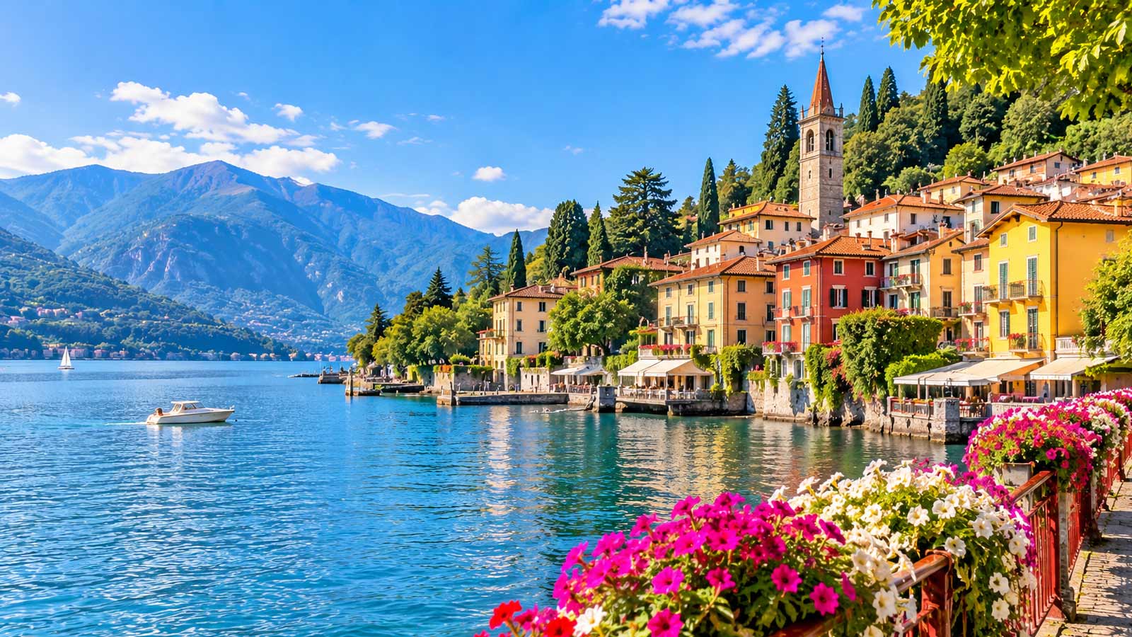 Scenic Italian lakeside village with mountains and waterfront - Alaedin Travel Canada