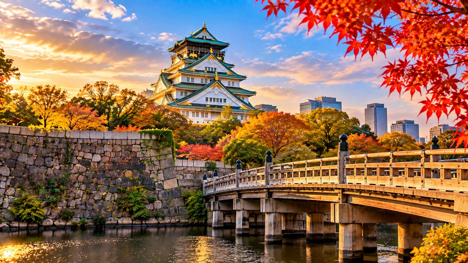 Osaka Castle surrounded by autumn foliage in Japan - Alaedin Travel Canada