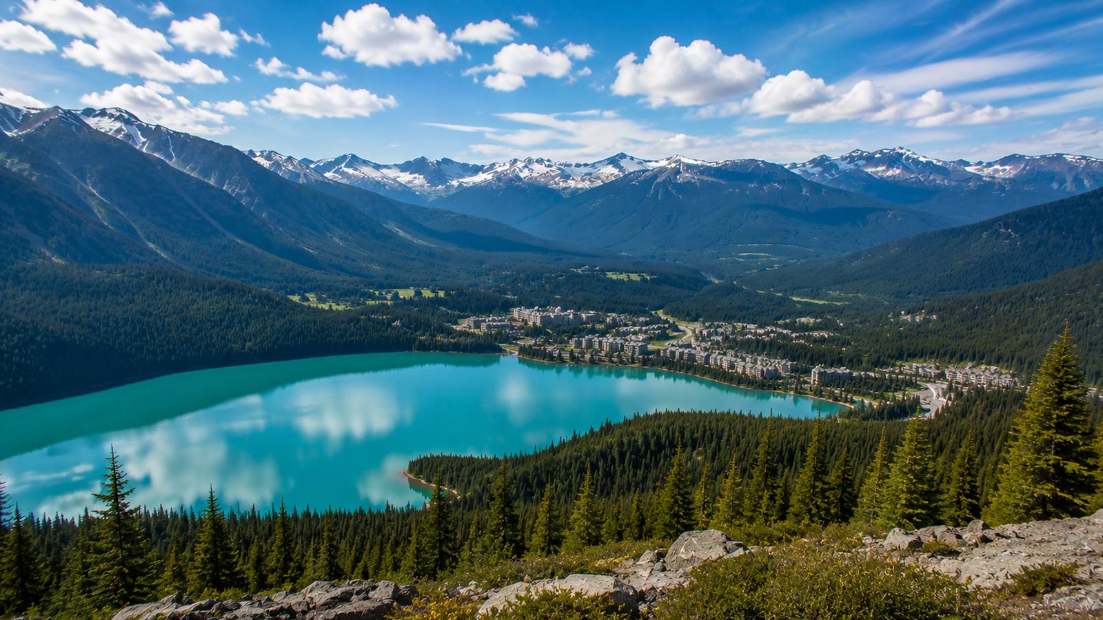 Panoramic view of a turquoise alpine lake and mountain scenery near Whistler