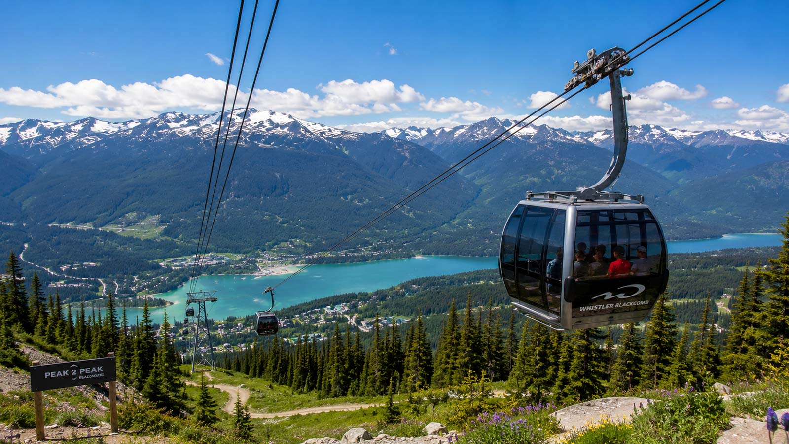 Whistler Blackcomb gondola overlooking alpine forests and turquoise lakes
