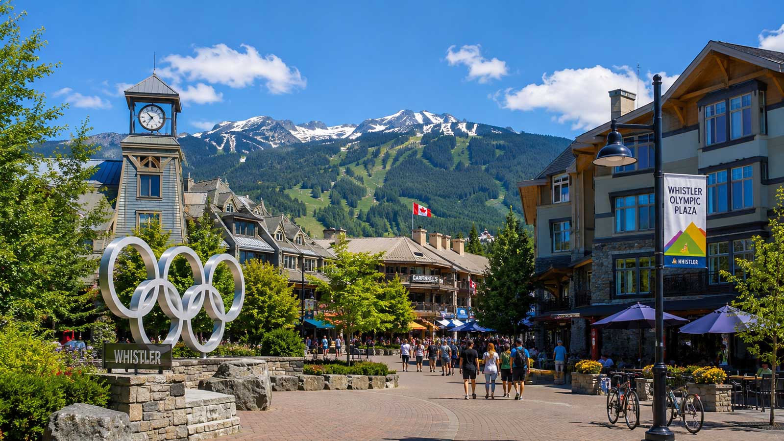 Whistler Olympic Plaza surrounded by alpine village and mountain scenery