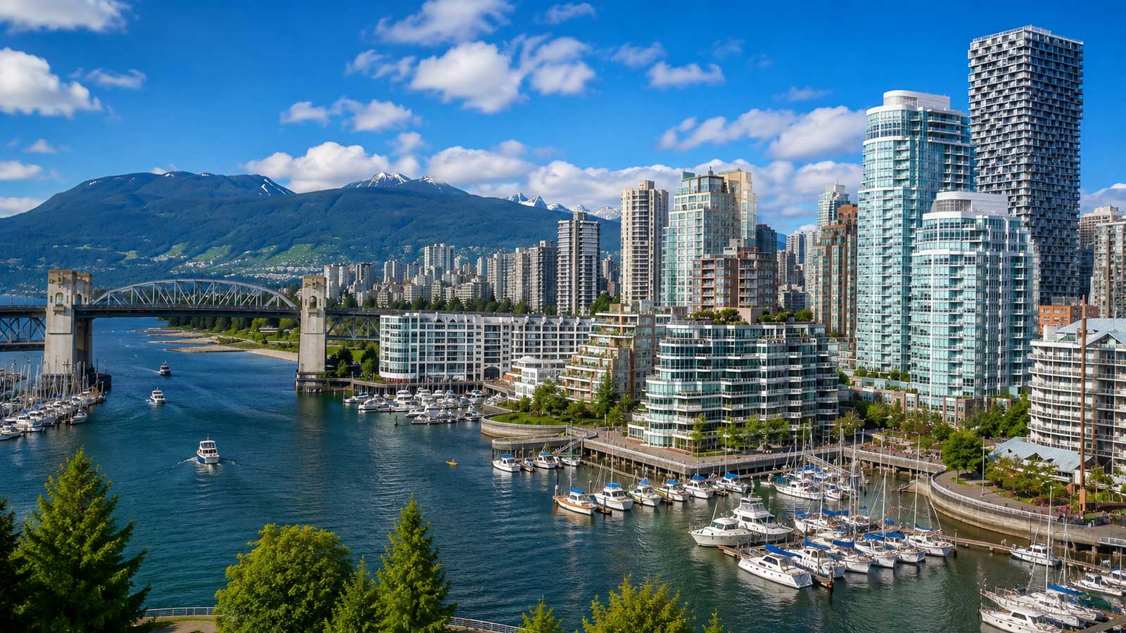 Vancouver False Creek skyline with marina and waterfront towers