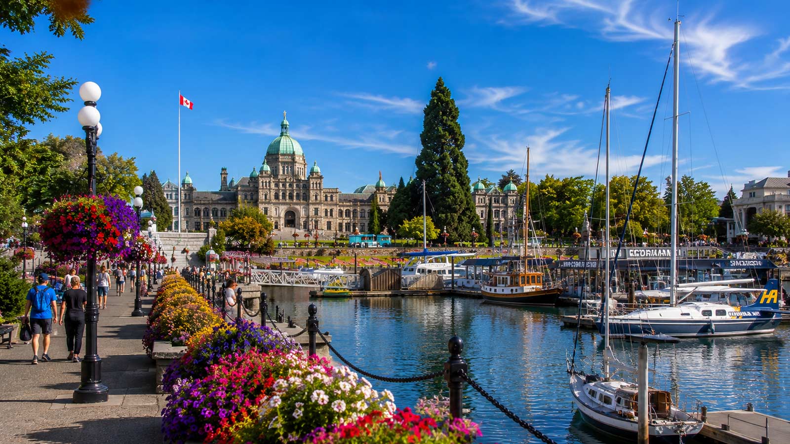 Victoria Inner Harbour and British Columbia Parliament Buildings in summer
