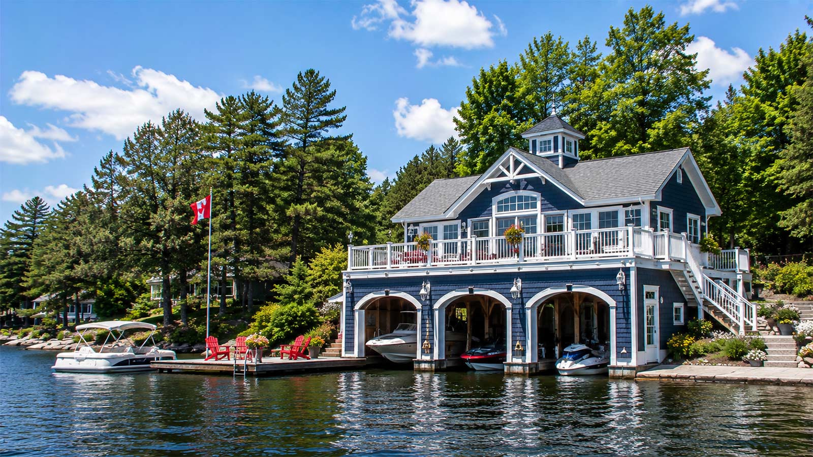 Traditional lakeside boathouse on Muskoka Lakes, Ontario