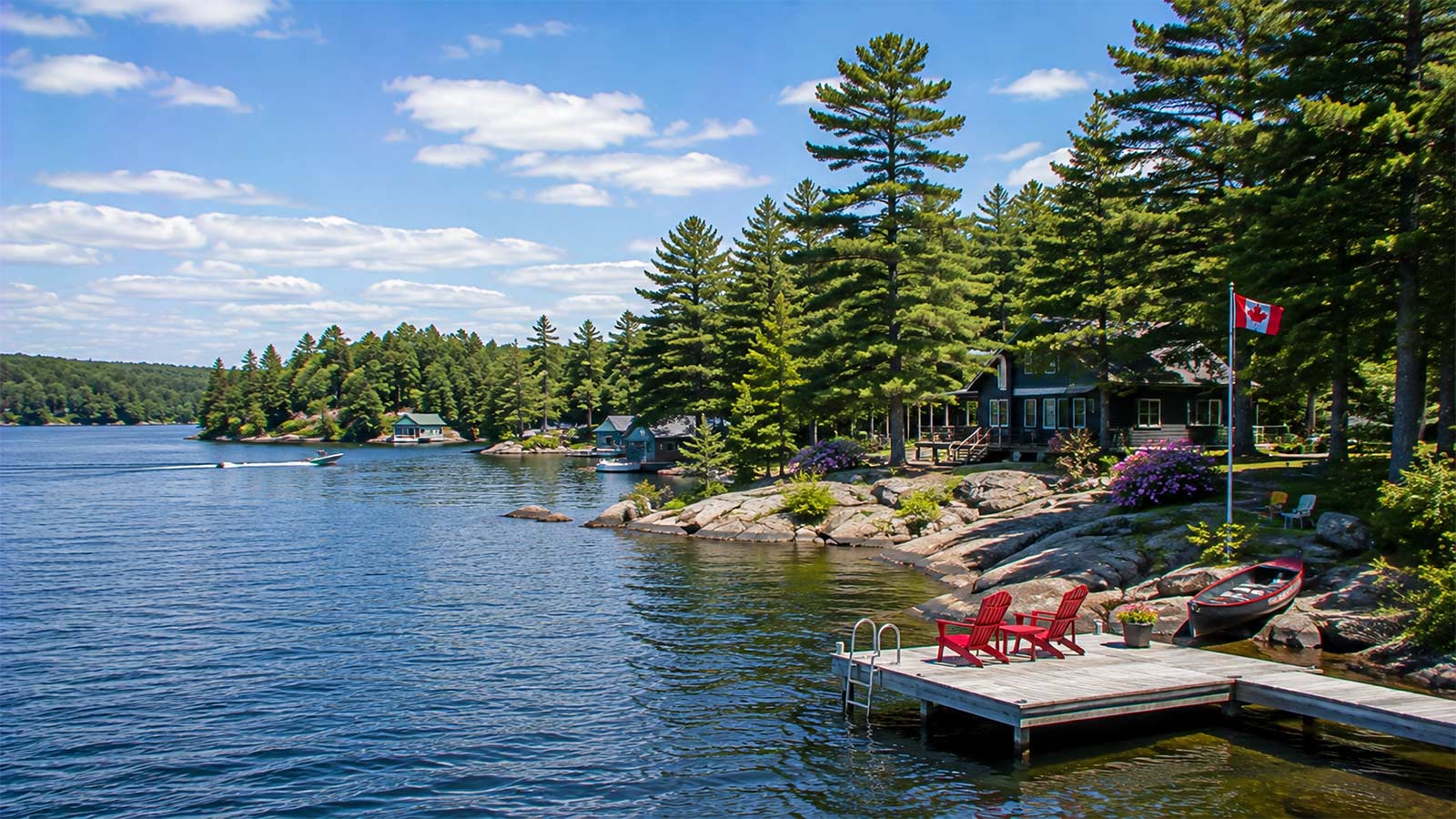 Muskoka cottage country with rocky lakeshore and pine trees in Ontario