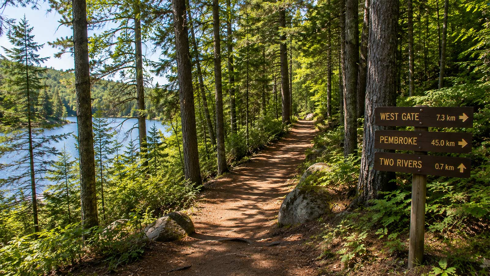 Forest hiking trail beside a lake in Algonquin Provincial Park, Ontario