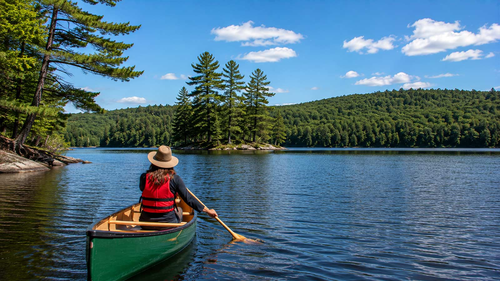 Canoeing on a forest lake in Algonquin Provincial Park, Ontario
