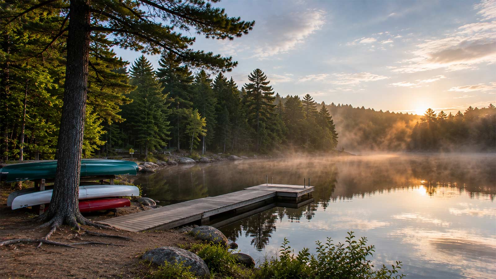 Canoes and lakeside dock in Algonquin Provincial Park, Ontario