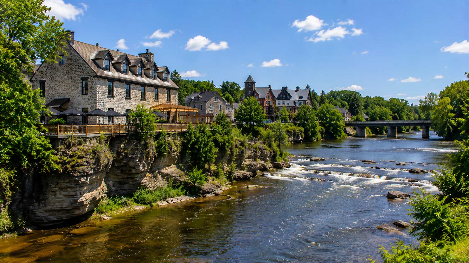 Elora Gorge and Grand River with historic buildings in Elora, Ontario