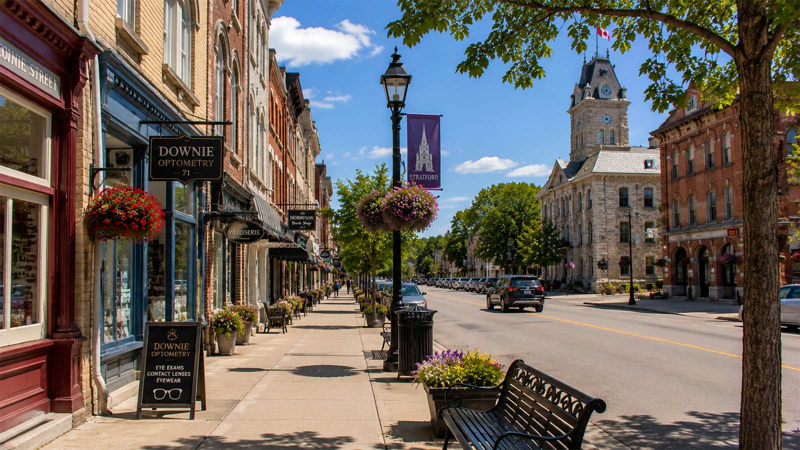 Historic downtown Stratford with heritage buildings and local shops in Ontario