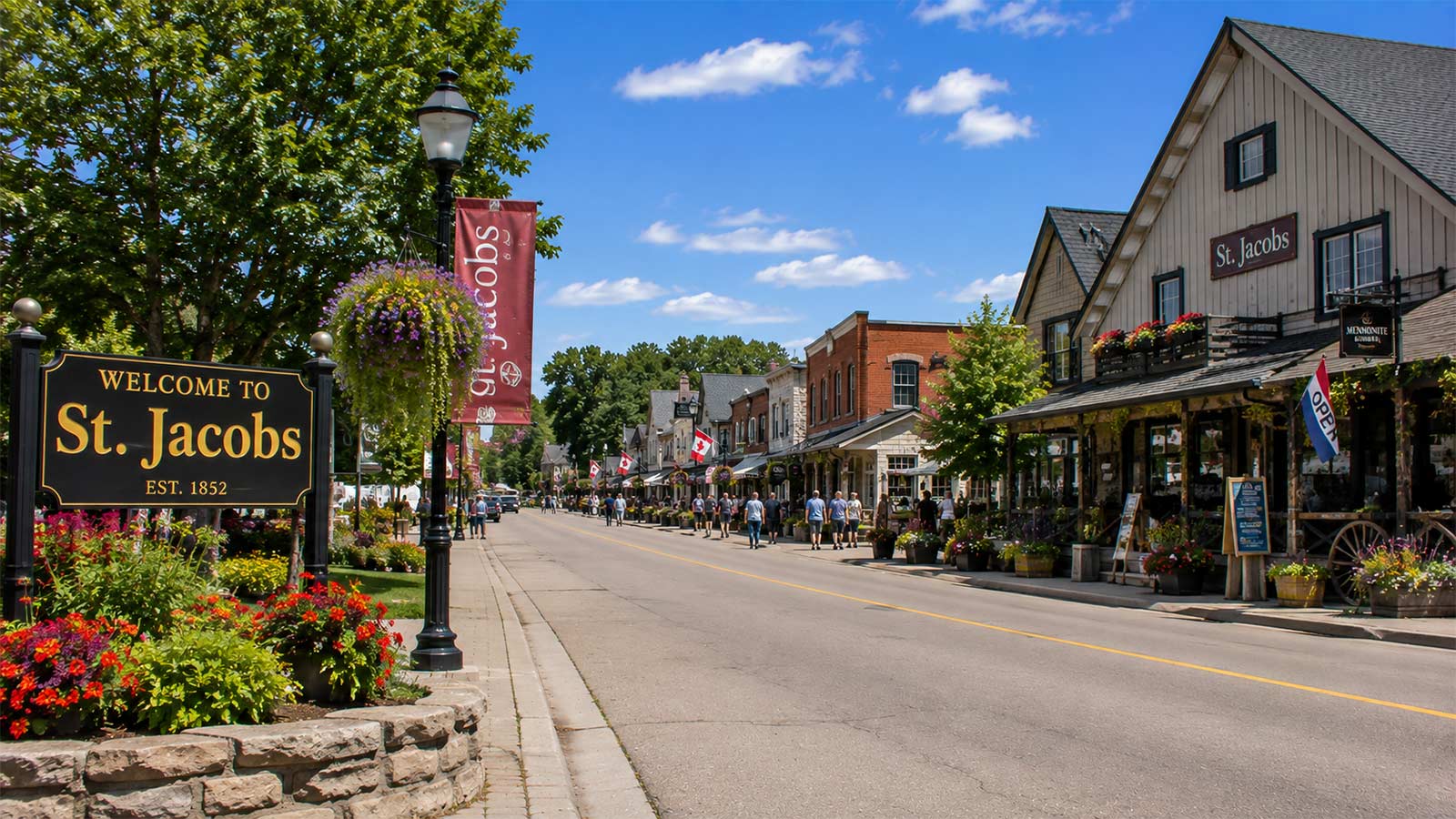 St. Jacobs Village main street with local shops and historic buildings in Ontario