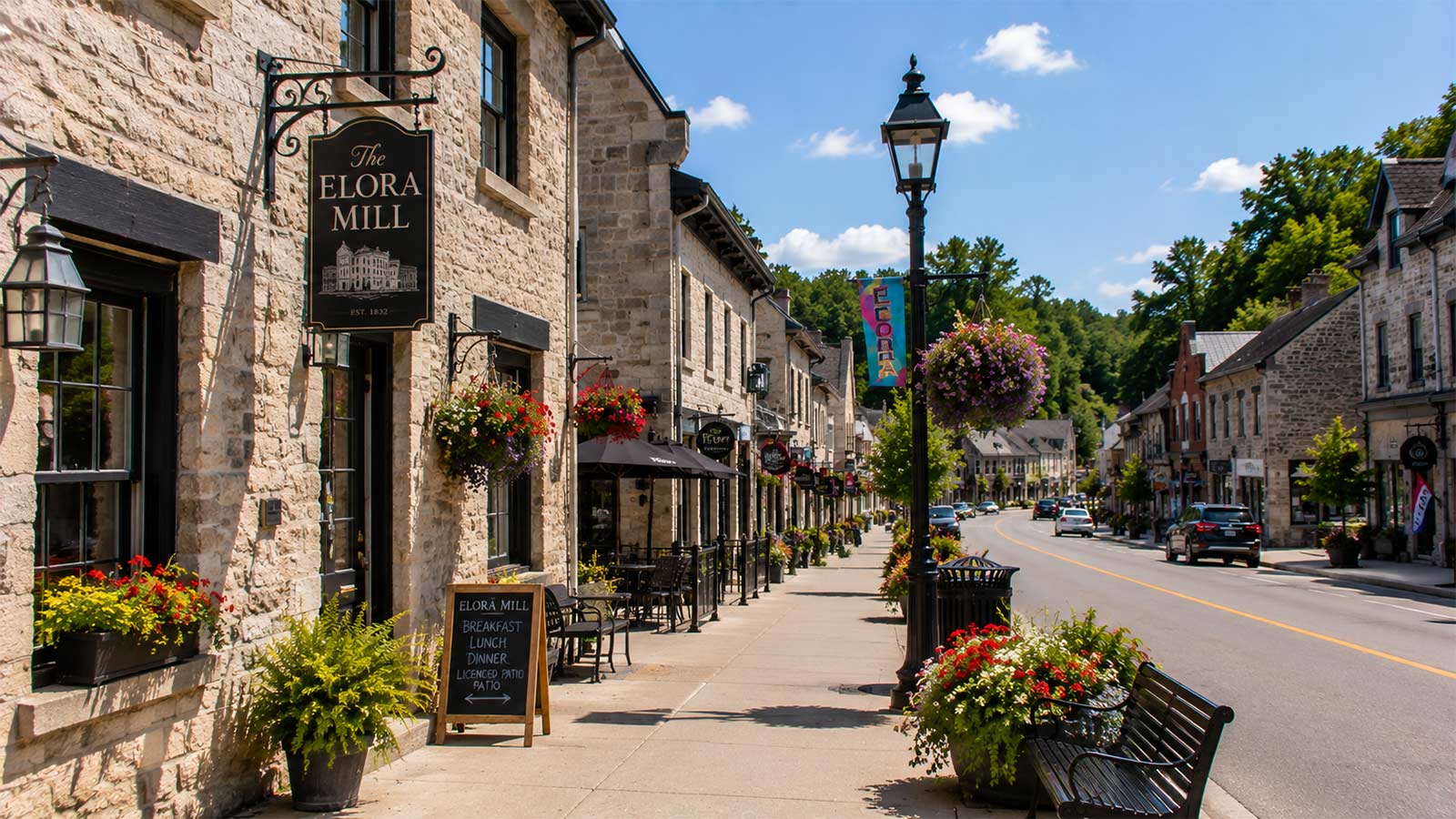 Historic downtown Elora with stone buildings and local shops in Ontario