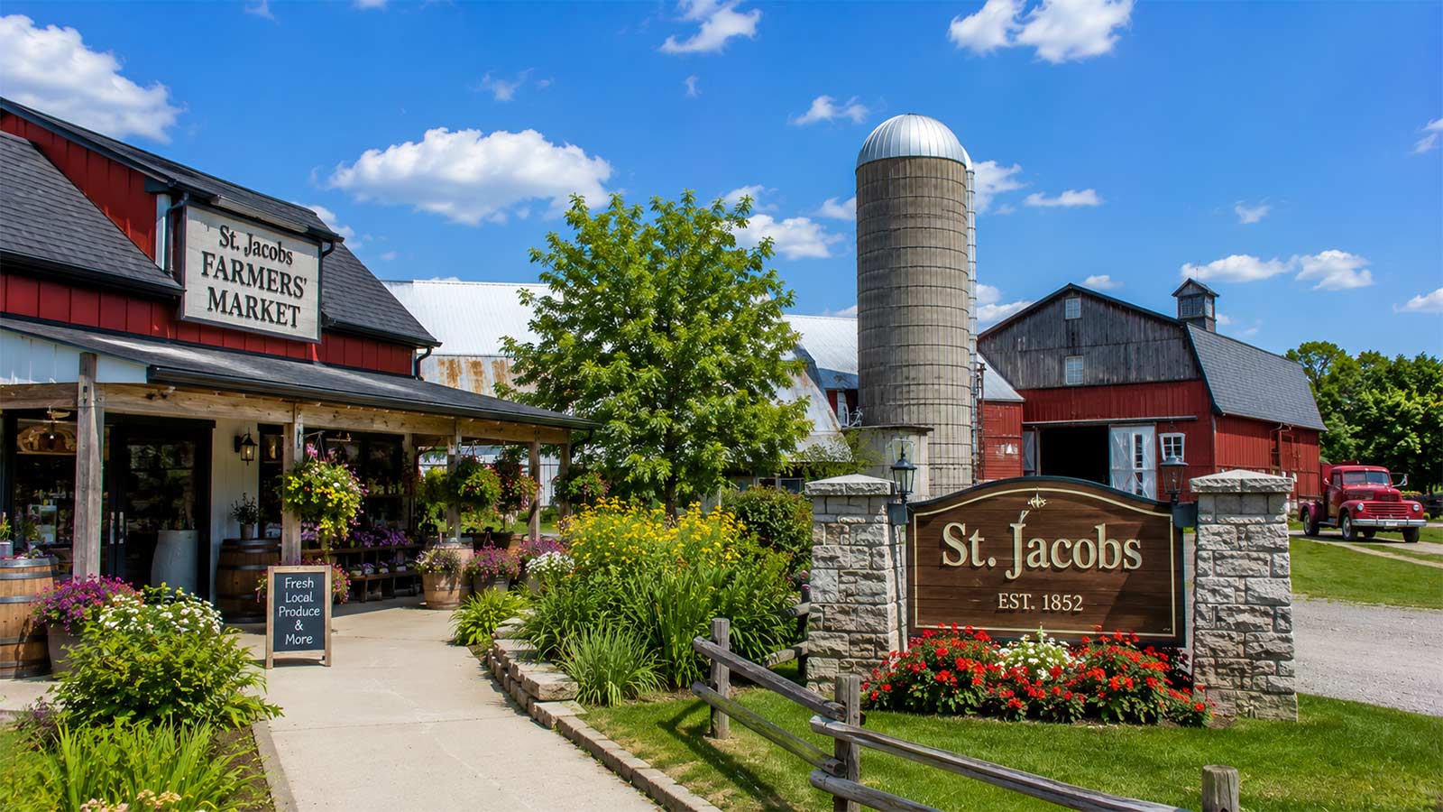 St. Jacobs Farmers’ Market with local farm buildings in Ontario