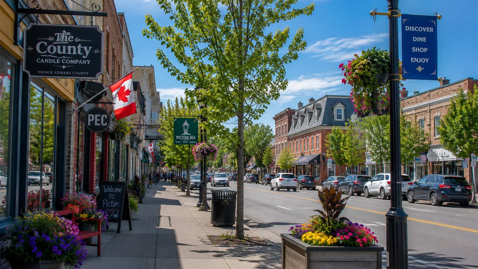 Downtown Picton with local shops and historic buildings in Prince Edward County, Ontario
